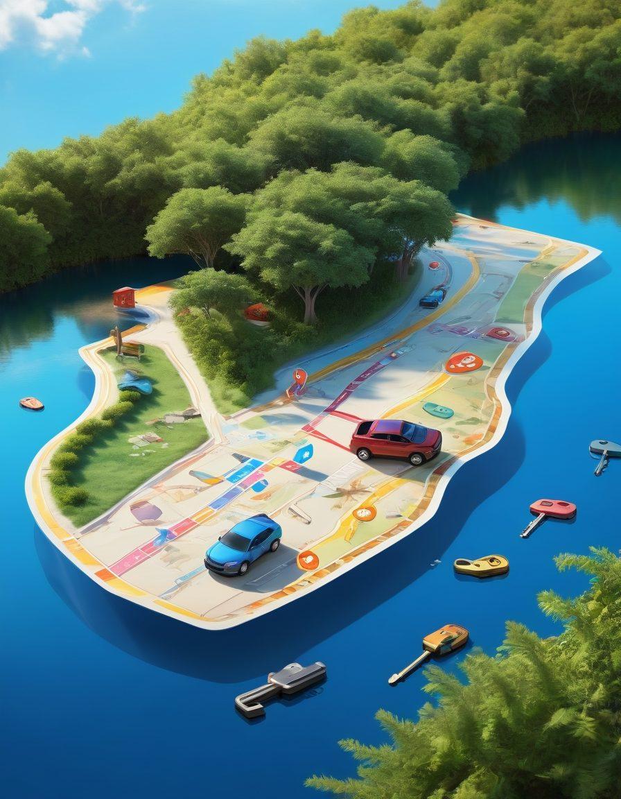 A treasure map design featuring keys unlocking discount symbols, with a car at the center surrounded by icons representing vehicle protection like shields and affordable price tags. The background includes a serene landscape with vibrant colors that evoke savings and adventure. super-realistic. vibrant colors. illustrative style.