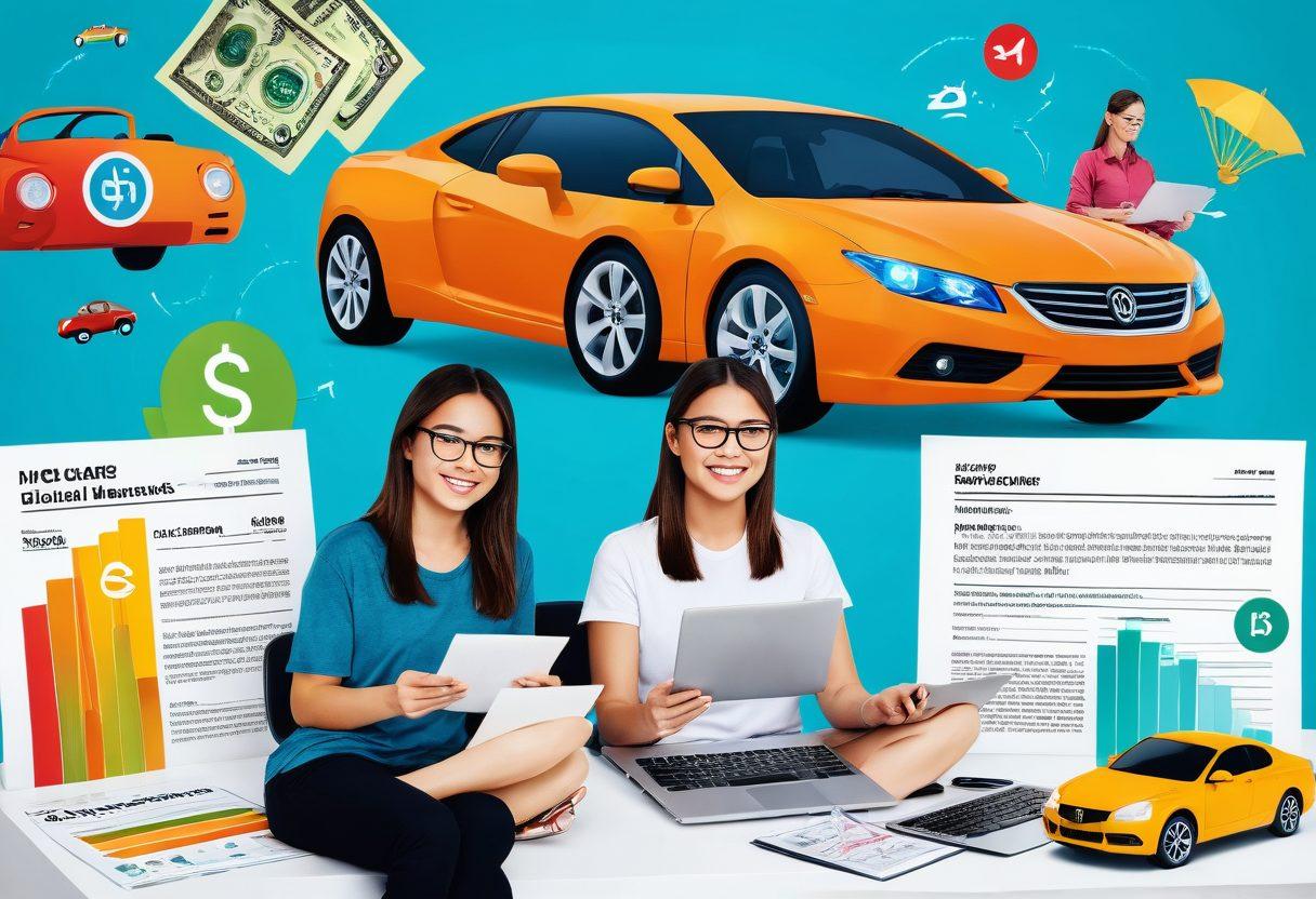 A split-screen collage showing a digital interface displaying various online car insurance quotes on one side, and a happy family reviewing savings at their dining table on the other. Include elements like a laptop, calculators, and insurance documents. Use playful icons representing cars and dollar signs around the edges to symbolize savings. Emphasize vibrant colors and a modern, inviting design. super-realistic. bright colors.