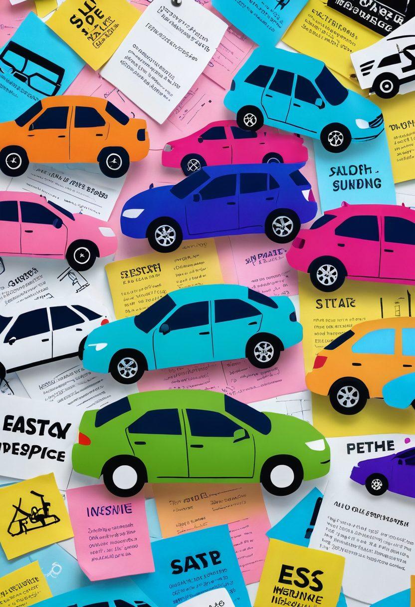 A visually engaging collage depicting a diverse group of people exploring various auto insurance policies, with key tips highlighted in colorful sticky notes. Include icons like a magnifying glass, calculator, and a car, symbolizing research and savings. The background features a bright cityscape, emphasizing the theme of finding the best deals. Use vibrant colors and a modern graphic style. vibrant colors. modern graphic style.